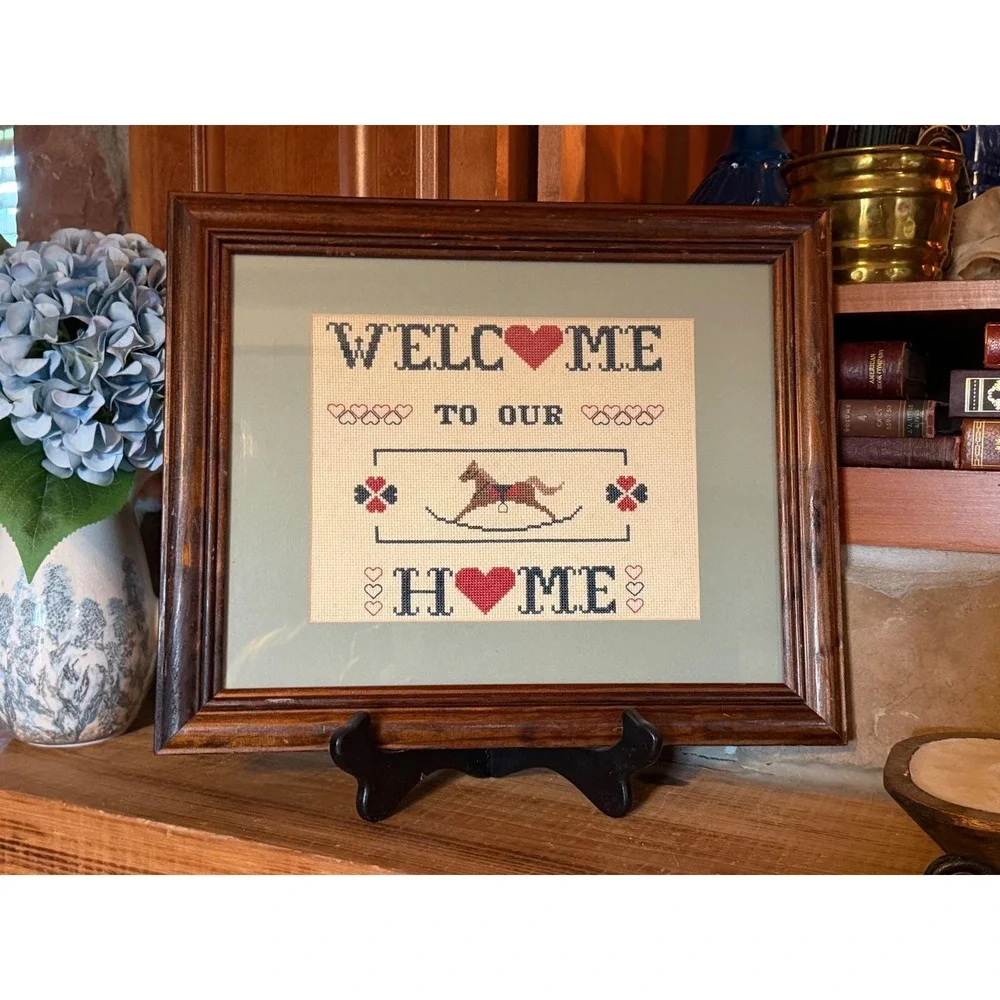 Vintage Framed Cross Stitch Welcome To Our Home Rocking Horse Country Folk Art
